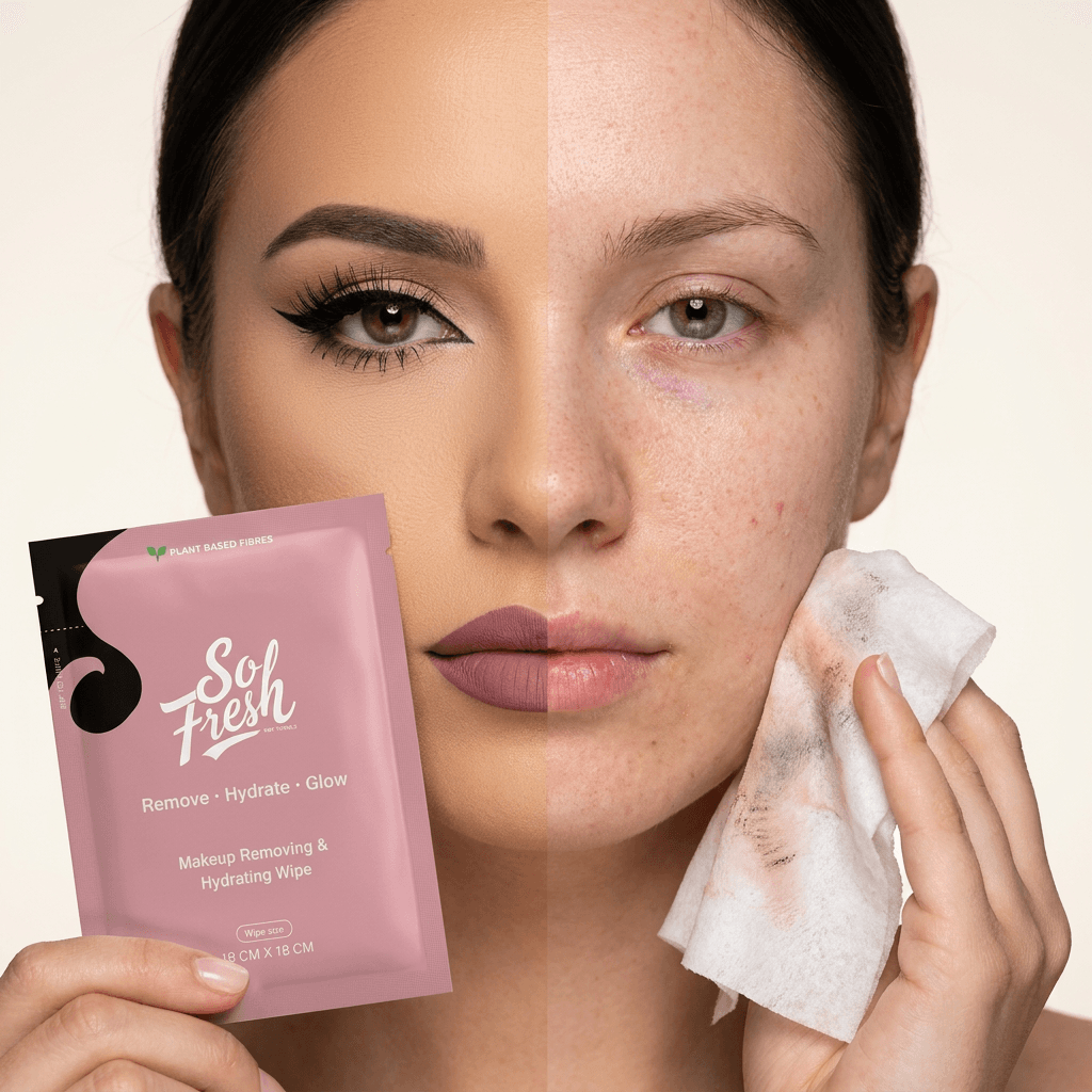 Before and after makeup removal with a So Fresh wipe — full glam to clean, hydrated skin