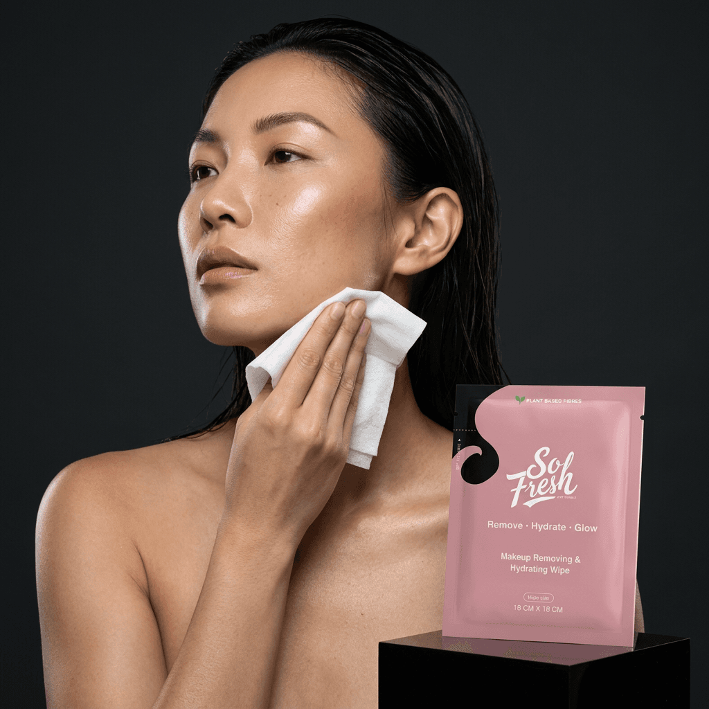 Model cleansing with a So Fresh Makeup Removing & Hydrating Wipe