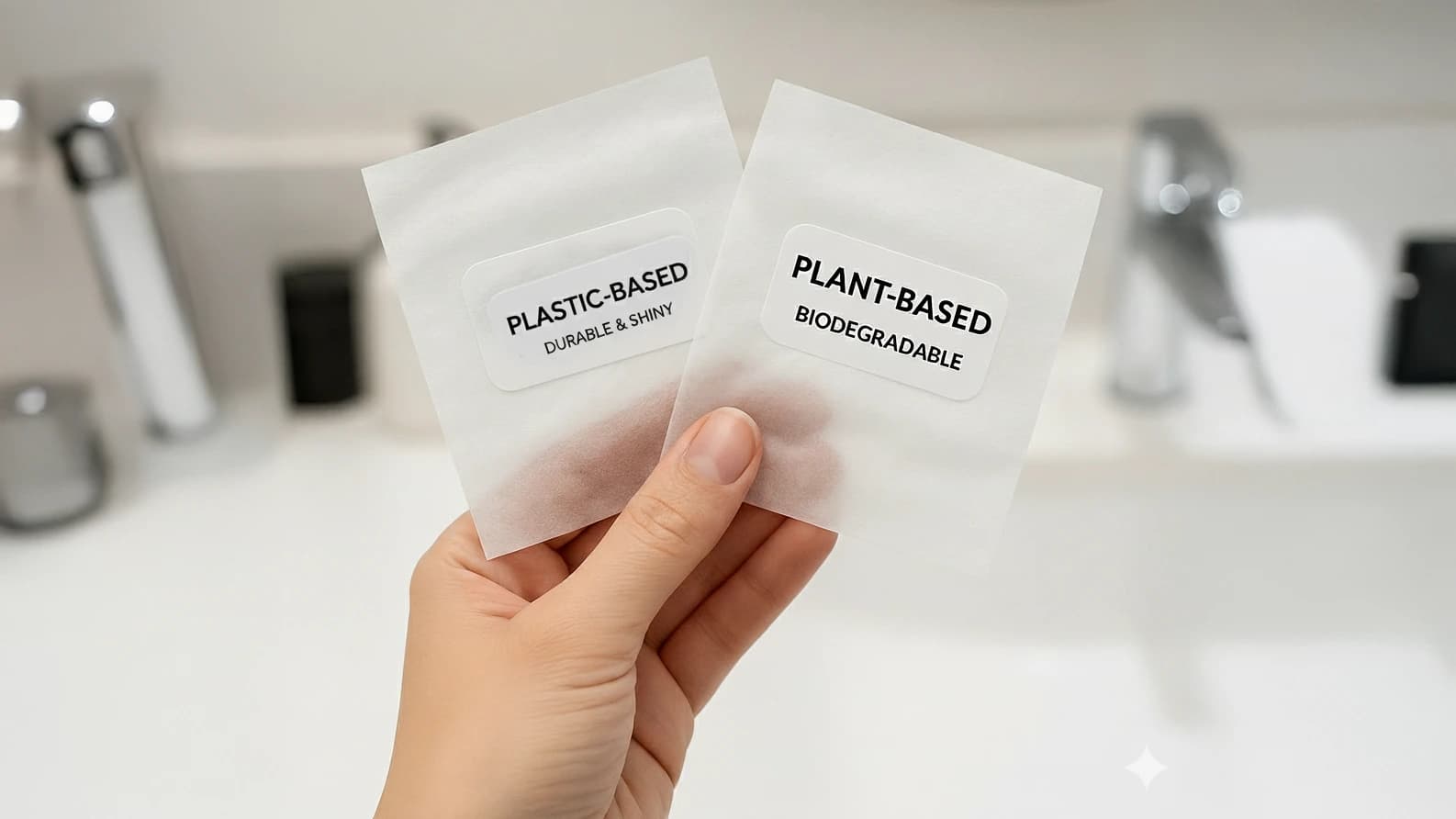 Hand holding a plant-based wipe beside a plastic-based wipe