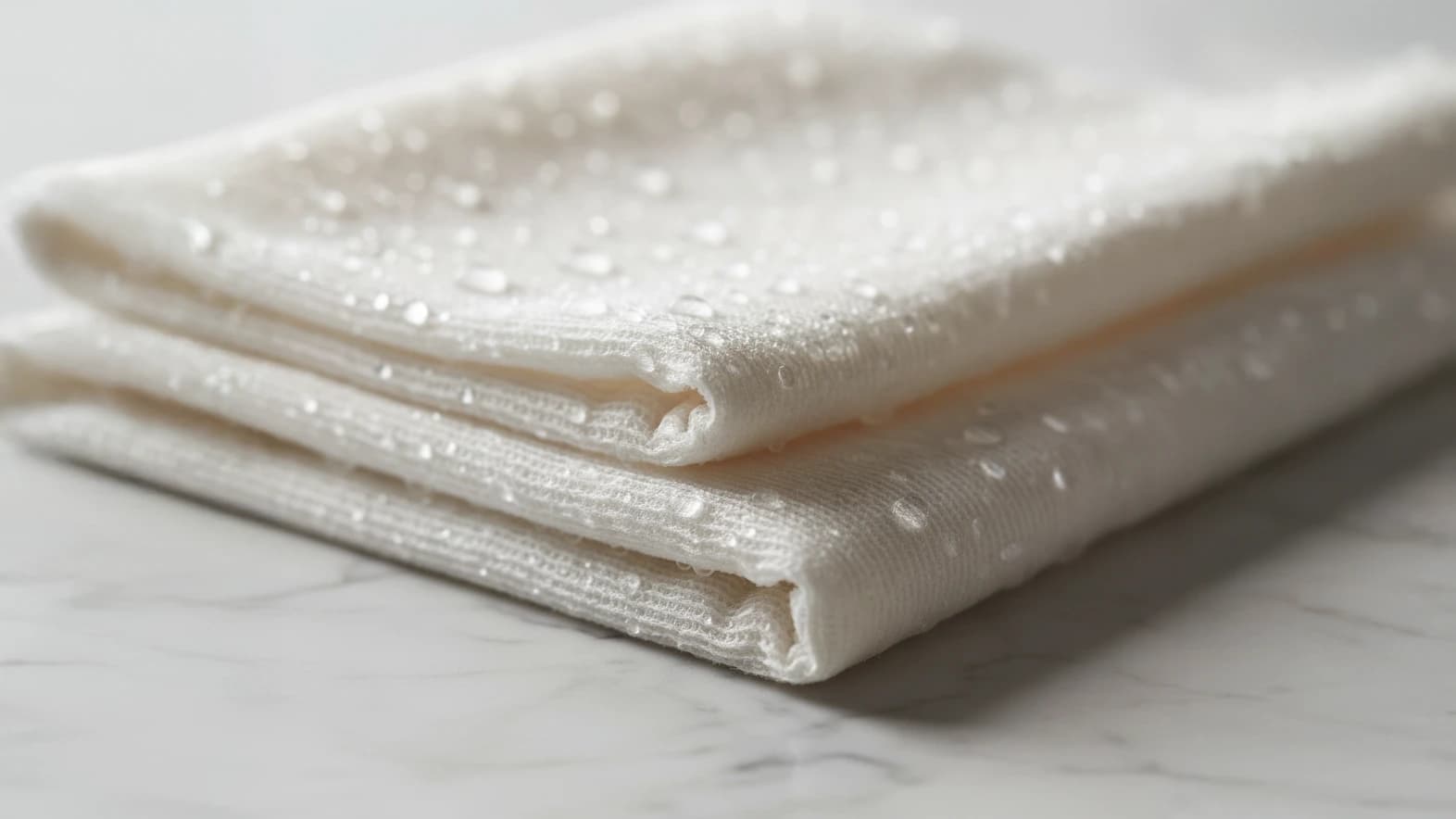 Fresh wet towels folded on a marble surface