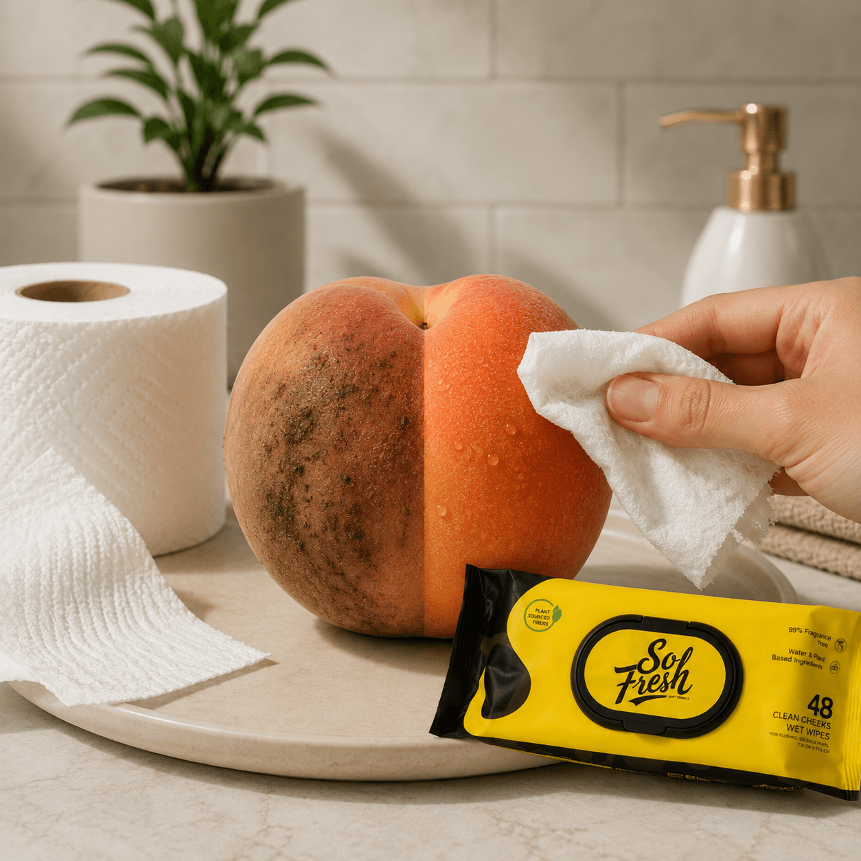 So Fresh bathroom wipe pack beside toilet paper and a peach