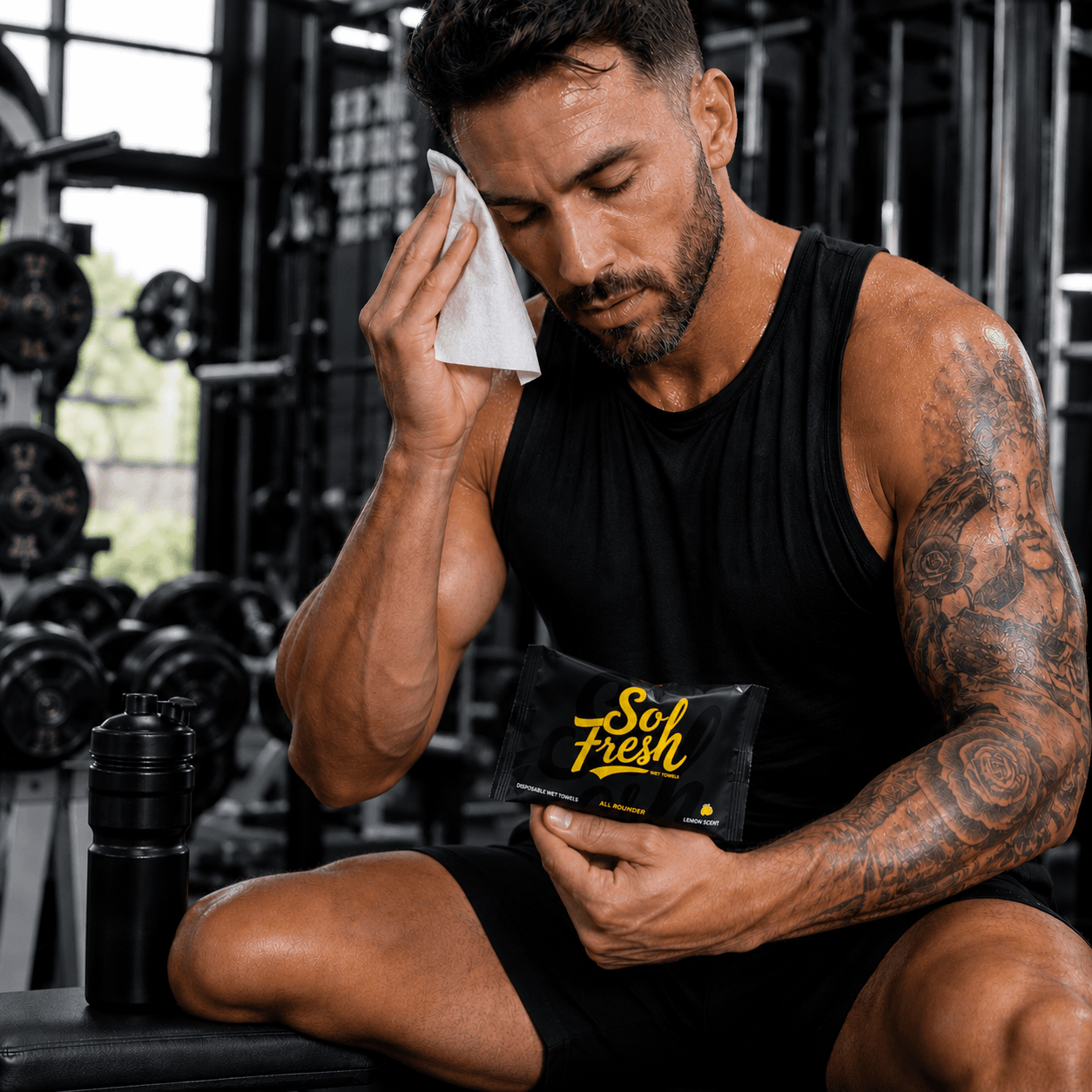 Athlete wiping down after a workout with a So Fresh All Rounder pack