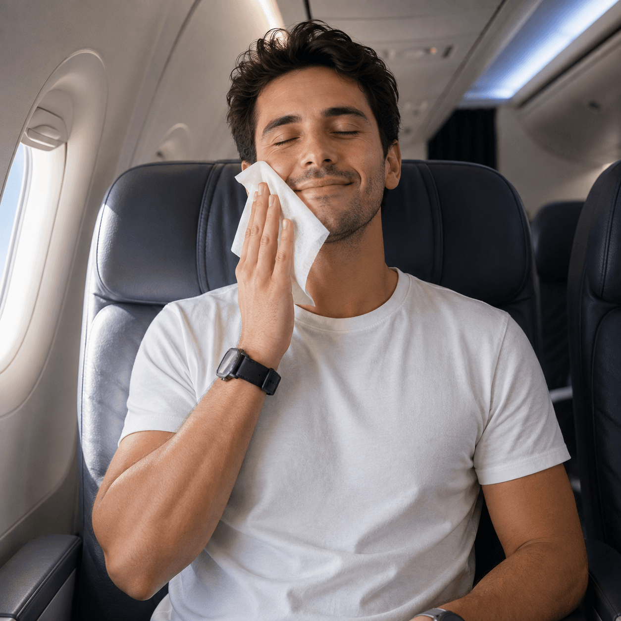 Traveller refreshing with a So Fresh wipe on a flight