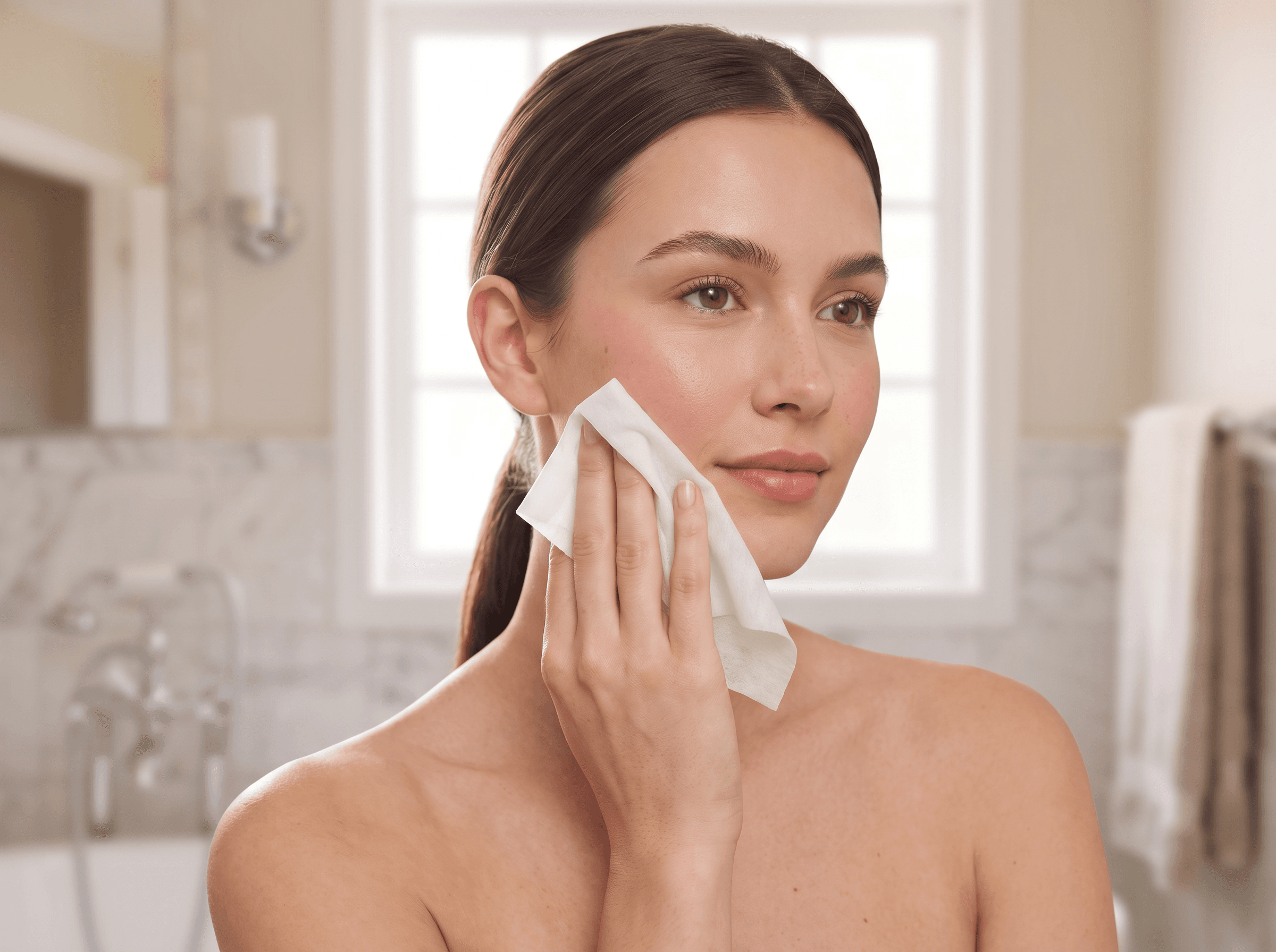 Model wiping her cheek with a So Fresh Makeup Removing & Hydrating Wipe